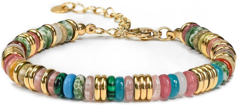 Colorful Gold Bracelets for Women, Stack Bangle Beaded Stone Jewelry Accessories Set for Woman, Trendy Fashion Jewelry Gifts