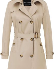 Women's Trench Coat Double-Breasted Classic Lapel Overcoat Belted Slim Outerwear Coat with Detachable Hood