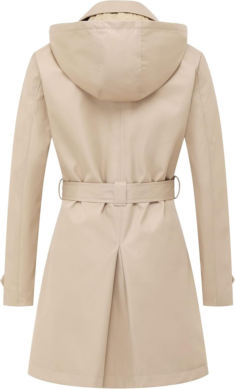 Women's Trench Coat Double-Breasted Classic Lapel Overcoat Belted Slim Outerwear Coat with Detachable Hood - Image 2