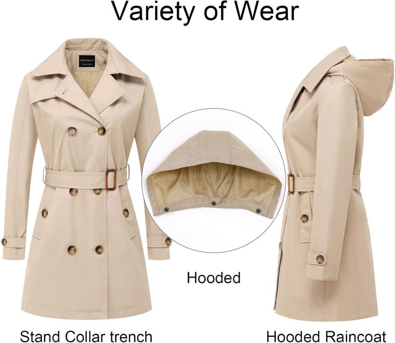 Women's Trench Coat Double-Breasted Classic Lapel Overcoat Belted Slim Outerwear Coat with Detachable Hood - Image 3