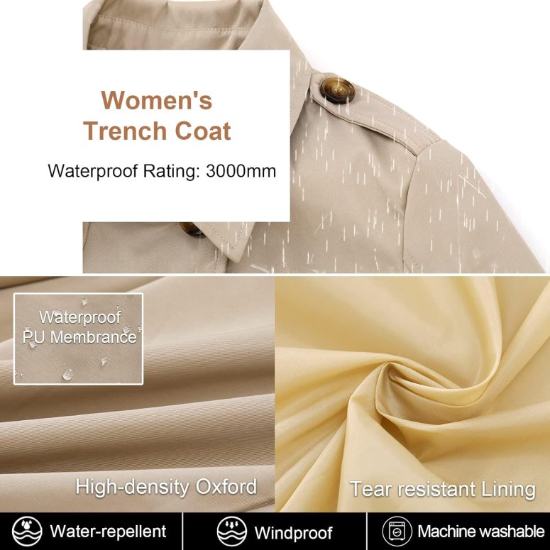 Women's Trench Coat Double-Breasted Classic Lapel Overcoat Belted Slim Outerwear Coat with Detachable Hood - Image 4