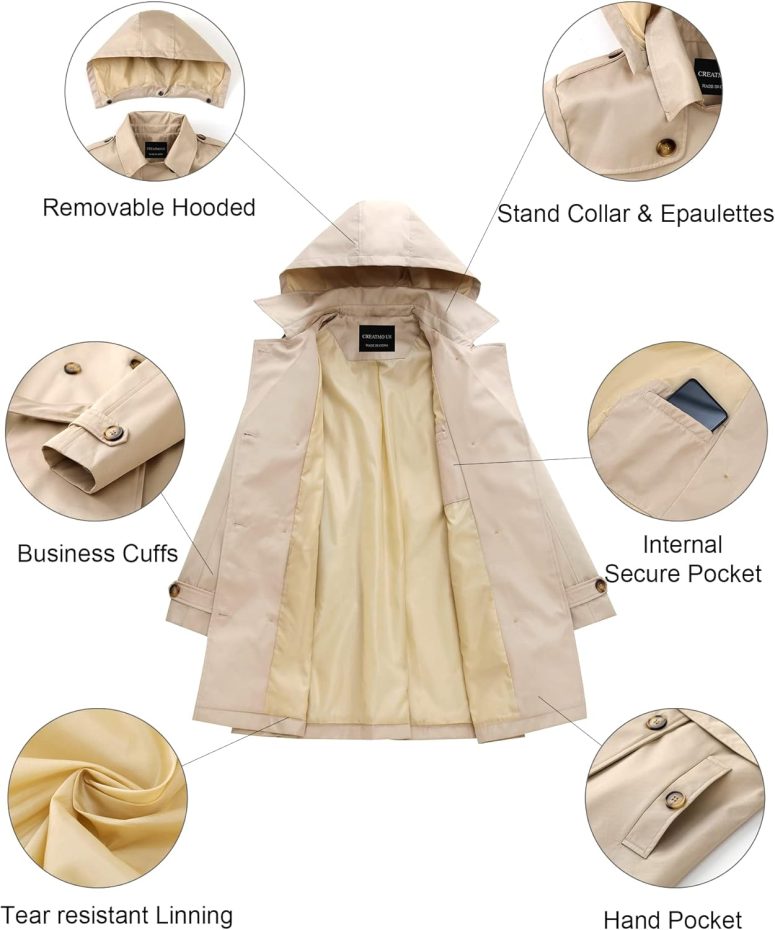Women's Trench Coat Double-Breasted Classic Lapel Overcoat Belted Slim Outerwear Coat with Detachable Hood - Image 5