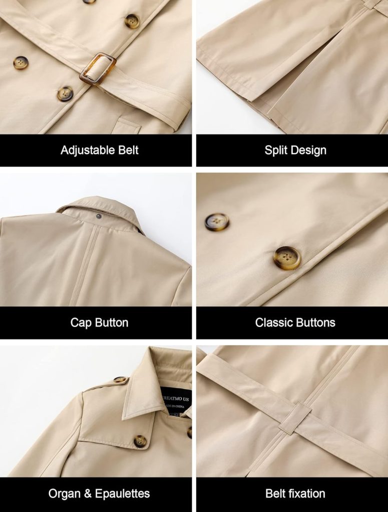 Women's Trench Coat Double-Breasted Classic Lapel Overcoat Belted Slim Outerwear Coat with Detachable Hood - Image 6