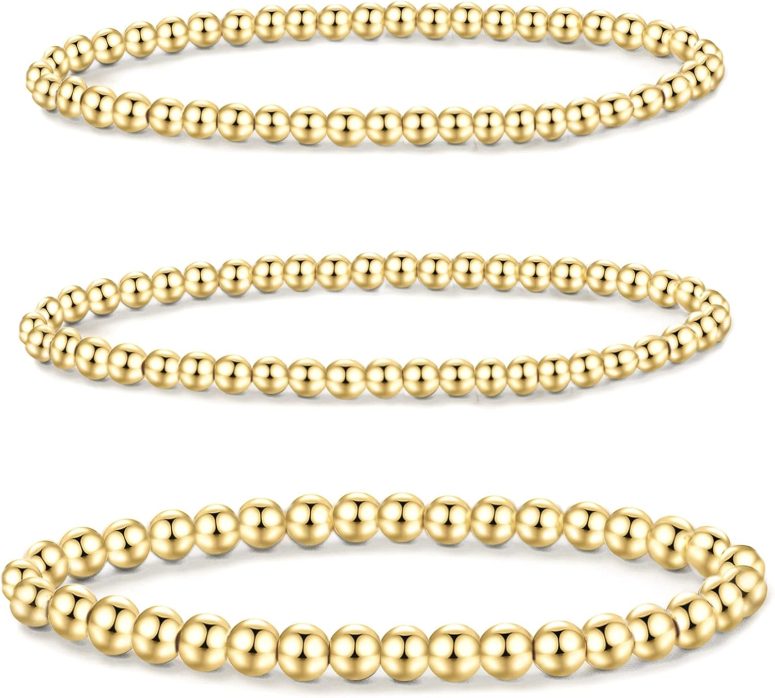 5PCS 14K Gold Plated Bracelets Set for Women Men Adjustable Hypoallergenic Stackable Stretch Bracelet Cuban Chunky Flat Link Chain Beaded Punk Gold Bracelets Jewelry Gifts for Women