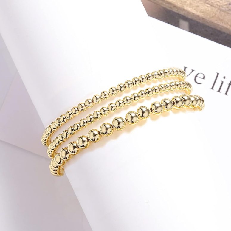 5PCS 14K Gold Plated Bracelets Set for Women Men Adjustable Hypoallergenic Stackable Stretch Bracelet Cuban Chunky Flat Link Chain Beaded Punk Gold Bracelets Jewelry Gifts for Women - Image 5